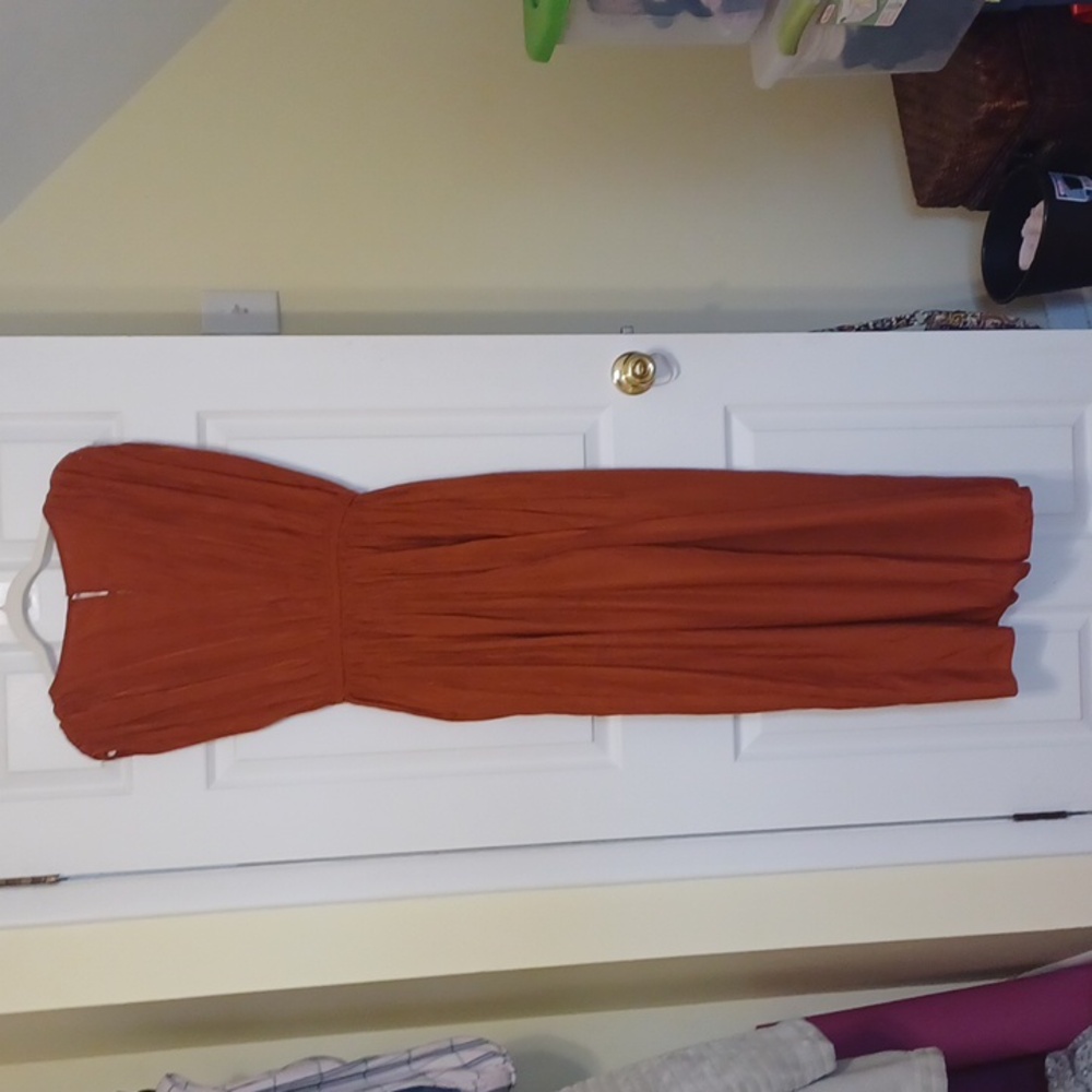 Mustard Seed Sz M,Terracotta, Silk Like Jumpsuit. Elasticized Waist. Feminine - Picture 4 of 9